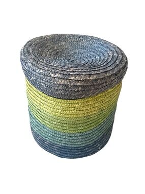 Blue Green Wicker Storage Basket with Lid Ombré Stripes 10x10x10in
